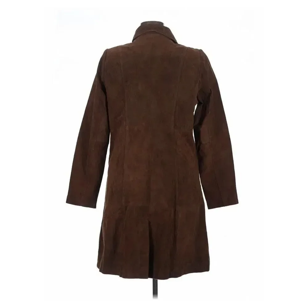NWT C Wonder Brown Real Leather Coat Double Breasted Jacket Size 14 Gold Buttons